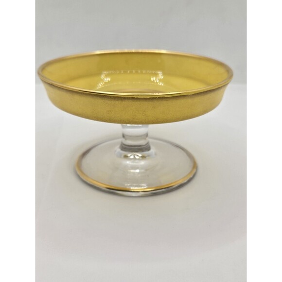 Yellow Depression Glass Pedestal Cheese Compote 4.75" Gold Edging Candy/Nut Dish - Picture 6 of 16